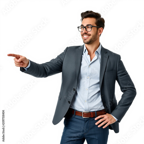 Businessman pointing at copy space. Professional man showing direction isolated.