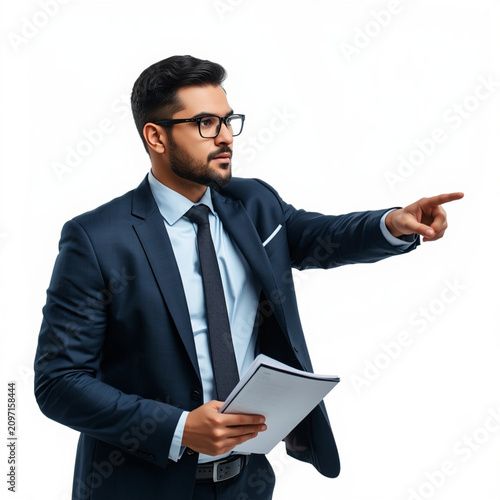 Businessman pointing at copy space. Professional manager holding a document file.