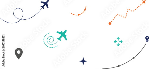 Konstfotografi Airplane flight routes and travel tracking icons vector set