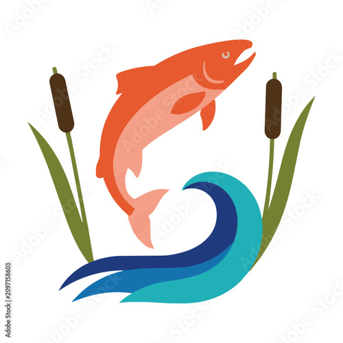 Majestic salmon leaping above a stylized river wave framed by minimalist cattail plants in a bold graphic nature concept