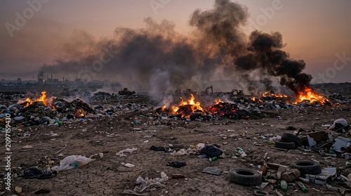 Burning Landfill with Toxic Smoke and Plastic Waste - Environmental Pollution and Climate Change Crisis Concept