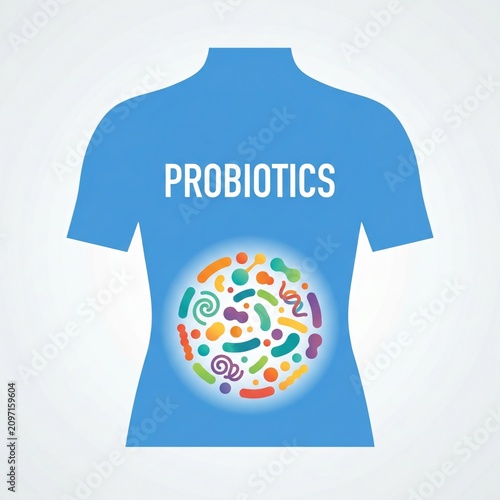 Probiotics blue t-shirt with colorful bacteria illustration and text