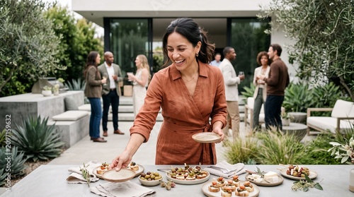 Smiling woman serving appetizers at outdoor garden party