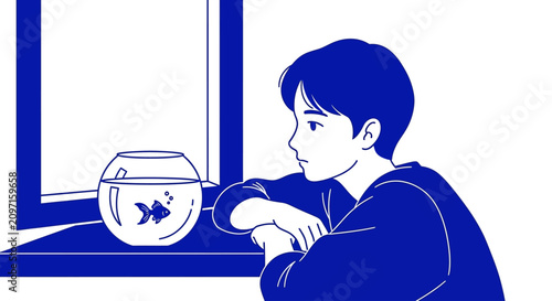 Foto Young person gazes out window next to goldfish bowl