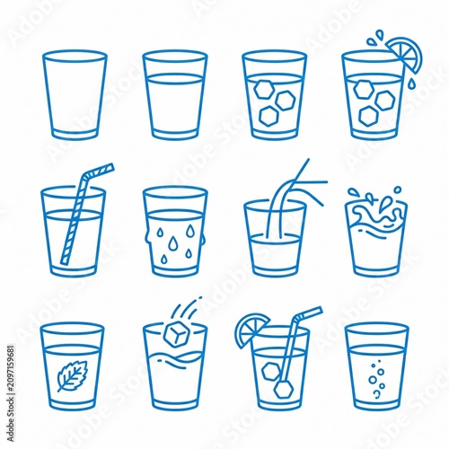 A set of glass icons with various drinks and ingredients illustrations