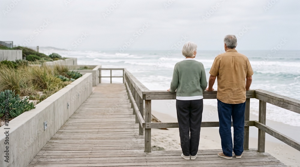 Fototapeta premium Senior couple standing on a wooden boardwalk looking out at the ocean.