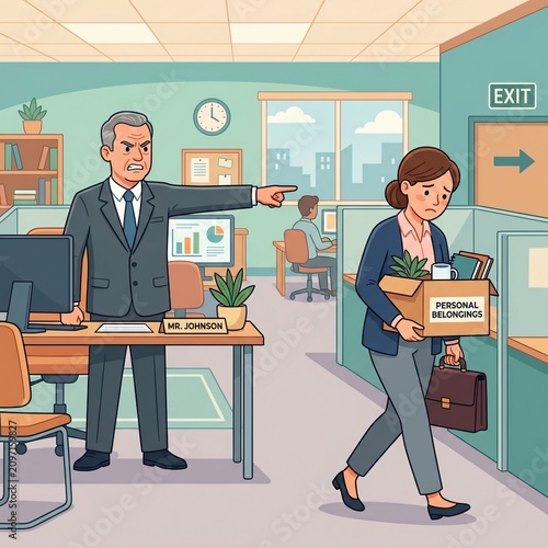 A businessman points at a woman holding a box of personal belongings in an office
