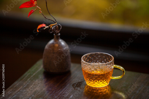tea in a cafe. A Japanese-style decorated tea shop. The warm atmosphere is perfect for relaxation. The relaxation area conveys a sense of peace and tranquility.