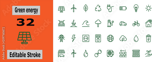 Bild auf Leinwand Editable Stroke Green energy Line Icons Set