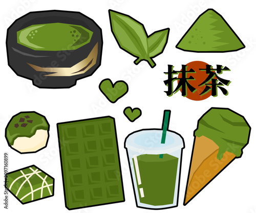 抹茶を使った色々なスイーツなどのベクターイラスト 線あり