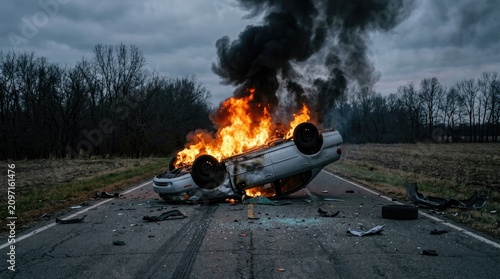Overturned Car on Fire on Rural Highway at Twilight - Catastrophic Traffic Accident and Insurance Total Loss Concept