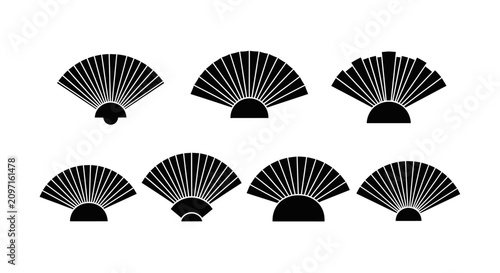 Set of black folding fans icons on white background for asian design