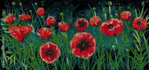 Gouache painting of a vibrant red poppy field blooming in dark green grass on a black background