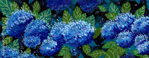 Gouache painting of vibrant blue hydrangea flowers blooming with green leaves on a black background