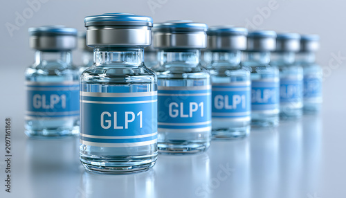 GLP-1 medication vials in a row. Pharmaceutical injectables for diabetes and weight loss therapy. Medical research drug supply for health treatment.