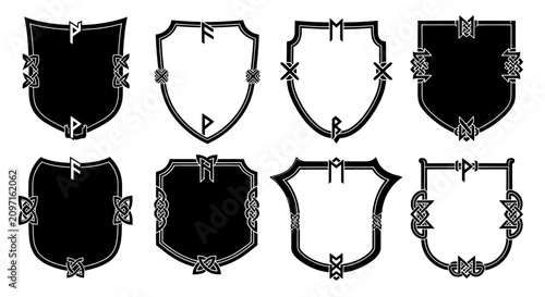 Set of eight heraldic shield emblems with ancient nordic runic symbols