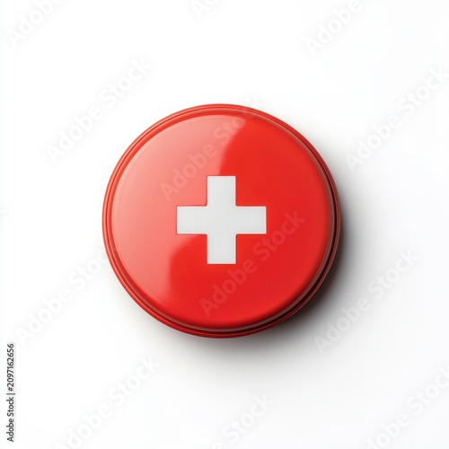 Red first aid kit with a white cross symbol on a clean, white background.