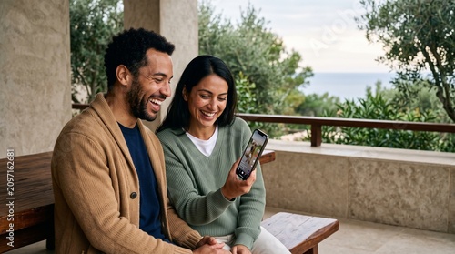 Diverse couple laughing at smartphone video call on outdoor balcony with ocean view
