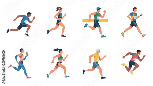 Group of diverse athletes running and exercising together on a track Vector
