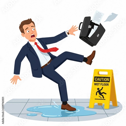 A cartoon businessman slipping on a wet floor with a briefcase