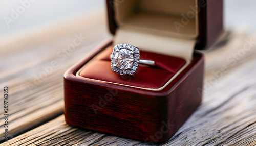 A ring featuring a large diamond and a halo design is nestled in an open wooden box. Rustic wood tables outdoors often house jewelry displays. The engagement ring signifies a pledge of love and commit