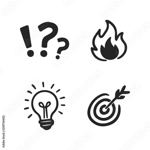 Creative Idea and Innovation Line Icons Set with Question Mark, Fire, Light Bulb and Target
