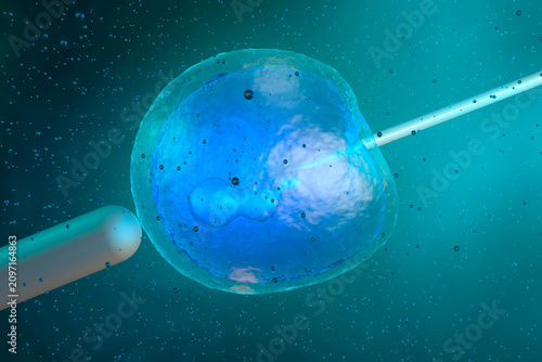 Three dimensional render of stem cell being injected with DNA