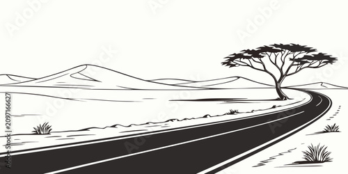 Foto Serene desert road with lone tree, minimalist horizon