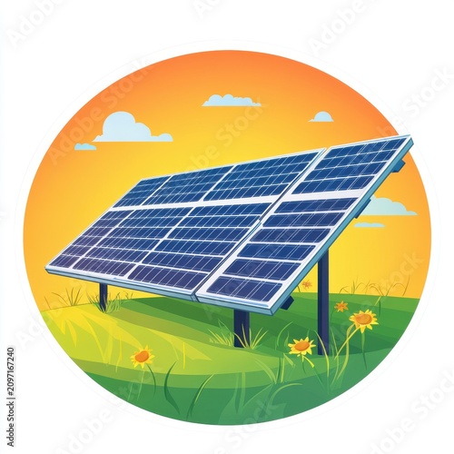 A vibrant illustration of solar panels in a grassy field, illuminated by a warm sunset glow.
