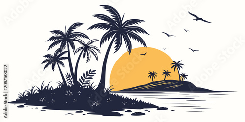 Tropical island sunset silhouette with palm trees and birds flying ocean waves