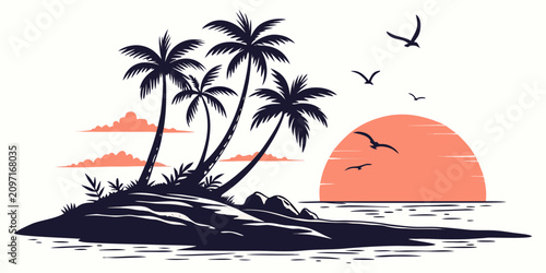 Tropical island sunset silhouette with palm trees and birds flying over calm ocean waves