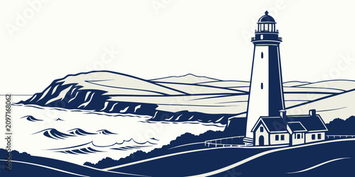 White background, lighthouse, coastal landscape, simple waves