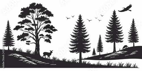 Black and white forest landscape with tall pine trees and rolling hills tall trees