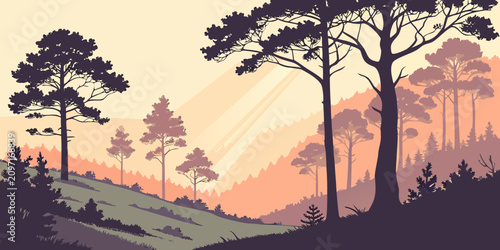 Photos Serene sunrise over a tranquil forest landscape with silhouetted trees and vibra