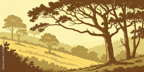 Tableau sur toile Serene sunrise over a tranquil forest landscape with silhouetted trees silhouett