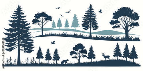 Tranquil forest landscape with tall pine trees and clear blue sky, minimalist style