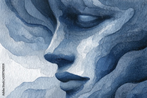 Watercolor painting of a serene human face in shades of blue, surrounded by abstract fluid forms