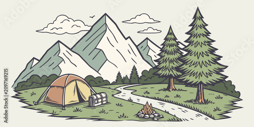 Mountain camping landscape with tents, pine trees, and snow-capped peaks