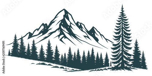 Snow-covered mountain peak with evergreen forest and white background, evergreen trees