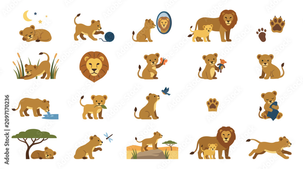 Obraz premium Cute Lion Cubs and Lions Illustrations - Flat Design Style Vector Art
