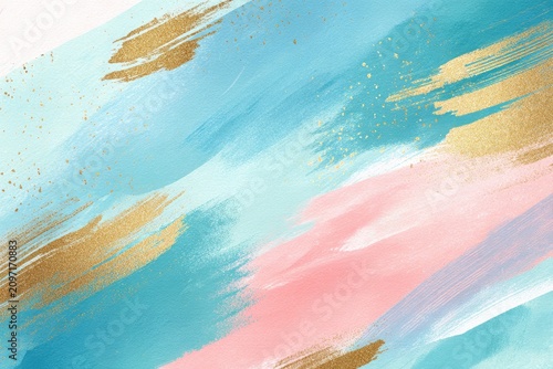 Abstract composition with brushstrokes of blue, pink, gold, and white for a colorful background