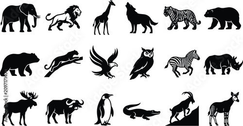 Photography Set of black silhouette icons featuring various wild animals, safari creatures, and nature wildlife for design projects