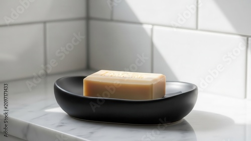 Bar of Soap in a Black Dish on a Bathroom Counter