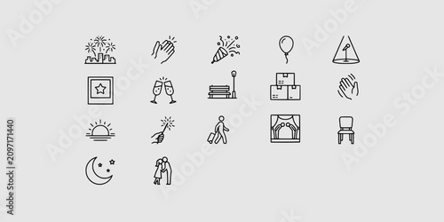 Icon set collection of public events, gatherings, and celebration scenes, depicting people, stages, and festive moments for social events.