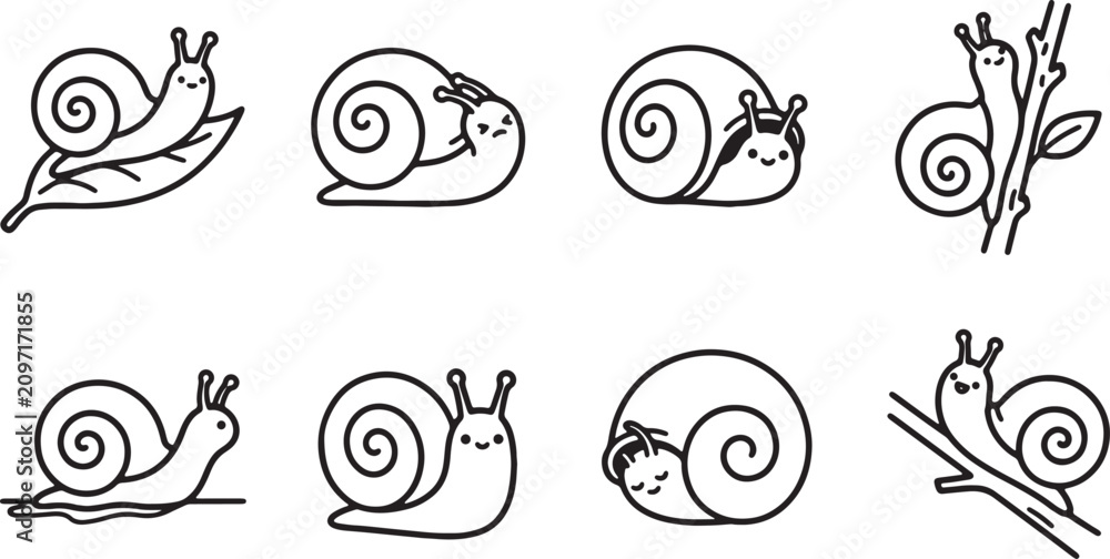 Obraz premium Minimalist snail icon set, cute cartoon garden snails in various poses, 8 black and white vector line art illustrations for nature branding isolated on Transparent Background