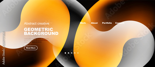 Abstract geometric background features orange, gray shapes. Website header in...