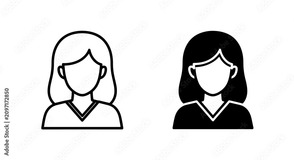 Fototapeta premium Woman avatar v-neck shirt outline and solid icon set