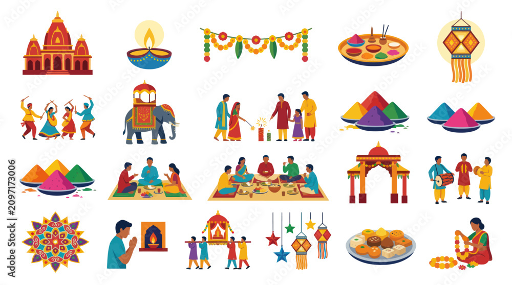 Fototapeta premium Indian Festival Icons: Temple, Diya, Holi Colors, Family, Food, Decorations