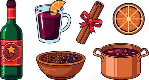 Quadro su tela Mulled wine ingredients bottle glass mug pot orange cinnamon spice vector illustration collection set isolated on transparent background