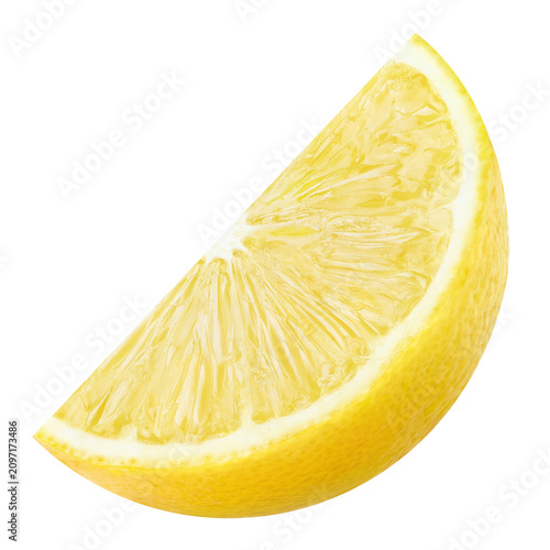 Fresh juicy lemon wedge with bright yellow pulp, isolated on transparent cutout background